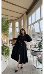 Naples Balon Kol Bel Detay Düğmeli Elbise - Siyah - Kod: 2337