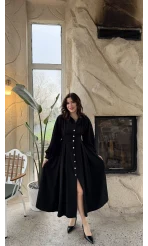 Naples Balon Kol Bel Detay Düğmeli Elbise - Siyah - Kod: 2337