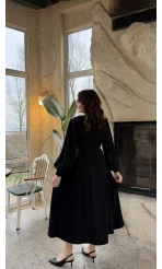 Naples Balon Kol Bel Detay Düğmeli Elbise - Siyah - Kod: 2337