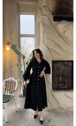 Naples Balon Kol Bel Detay Düğmeli Elbise - Siyah - Kod: 2337