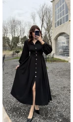 Naples Balon Kol Bel Detay Düğmeli Elbise - Siyah - Kod: 2337