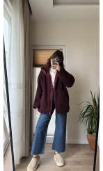 Nebraska Astarlı Peluş Bordo Hırka Ceket