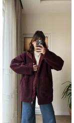 Nebraska Astarlı Peluş Bordo Hırka Ceket
