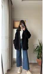 Nebraska Astarlı Peluş Siyah Hırka Ceket