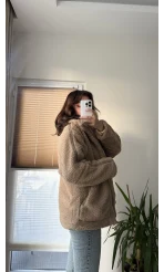Nebraska Astarlı Peluş Sütlü Kahve Hırka Ceket
