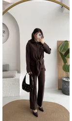 Nera Bağlamalı Bluz Takım - Kahverengi - Kod: 8869