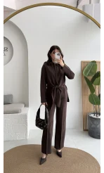 Nera Bağlamalı Bluz Takım - Kahverengi - Kod: 8869