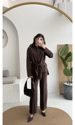 Nera Bağlamalı Bluz Takım - Kahverengi - Kod: 8869