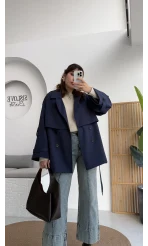 Nia Kuşaklı Kısa Trençkot - Lacivert - Kod: 9580