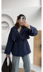 Nia Kuşaklı Kısa Trençkot - Lacivert - Kod: 9580