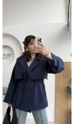 Nia Kuşaklı Kısa Trençkot - Lacivert - Kod: 9580