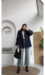 Nia Kuşaklı Kısa Trençkot - Lacivert - Kod: 9580