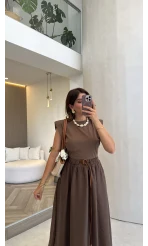 Nila Kemerli Garnili Elbise - Kahve - Kod: 0103