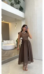 Nila Kemerli Garnili Elbise - Kahve - Kod: 0103