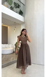 Nila Kemerli Garnili Elbise - Kahve - Kod: 0103