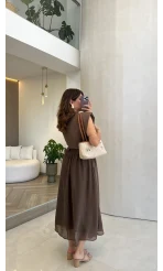 Nila Kemerli Garnili Elbise - Kahve - Kod: 0103