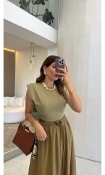 Nila Kemerli Garnili Elbise - Olive - Kod: 0103