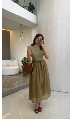Nila Kemerli Garnili Elbise - Olive - Kod: 0103