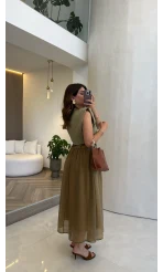 Nila Kemerli Garnili Elbise - Olive - Kod: 0103