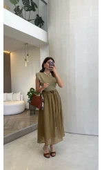 Nila Kemerli Garnili Elbise - Olive - Kod: 0103