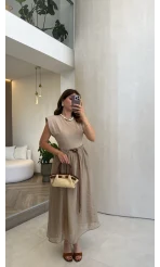 Nila Kemerli Garnili Elbise - Vizon - Kod: 0103