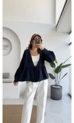 1032 - Nima Bağlama Detay Bluz - Lacivert