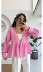 1032 - Nima Bağlama Detay Bluz - Şeker Pembesi