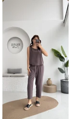 Nova Kalın Askılı Bluz Pantolon Takım - Kahve