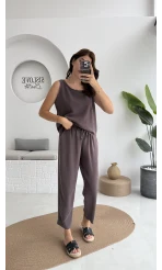 Nova Kalın Askılı Bluz Pantolon Takım - Kahve