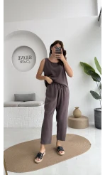 Nova Kalın Askılı Bluz Pantolon Takım - Kahve