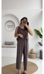 Nova Kalın Askılı Bluz Pantolon Takım - Kahve