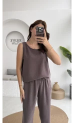 Nova Kalın Askılı Bluz Pantolon Takım - Kahve