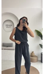 Nova Kalın Askılı Bluz Pantolon Takım - Koyu Antrasit