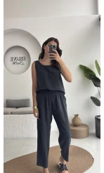 Nova Kalın Askılı Bluz Pantolon Takım - Koyu Antrasit