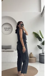 Nova Kalın Askılı Bluz Pantolon Takım - Koyu Antrasit