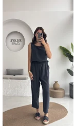 Nova Kalın Askılı Bluz Pantolon Takım - Koyu Antrasit