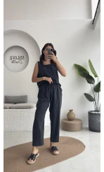 Nova Kalın Askılı Bluz Pantolon Takım - Koyu Antrasit