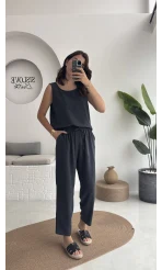 Nova Kalın Askılı Bluz Pantolon Takım - Koyu Antrasit