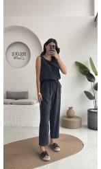 Nova Kalın Askılı Bluz Pantolon Takım - Koyu Antrasit