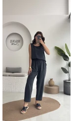 Nova Kalın Askılı Bluz Pantolon Takım - Koyu Antrasit