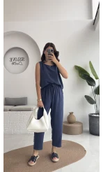 Nova Kalın Askılı Bluz Pantolon Takım - Lacivert