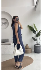 Nova Kalın Askılı Bluz Pantolon Takım - Lacivert