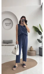Nova Kalın Askılı Bluz Pantolon Takım - Lacivert