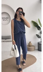 Nova Kalın Askılı Bluz Pantolon Takım - Lacivert