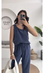 Nova Kalın Askılı Bluz Pantolon Takım - Lacivert