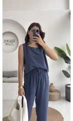Nova Kalın Askılı Bluz Pantolon Takım - Lacivert