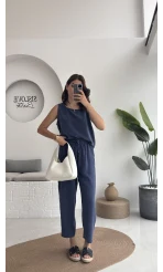 Nova Kalın Askılı Bluz Pantolon Takım - Lacivert