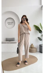 Nova Kalın Askılı Bluz Pantolon Takım - Vizon