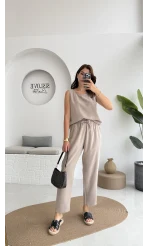 Nova Kalın Askılı Bluz Pantolon Takım - Vizon