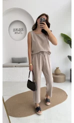 Nova Kalın Askılı Bluz Pantolon Takım - Vizon